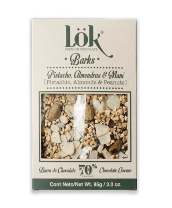 Lok Chocolate 70% Maní, Almendra y Pistacho 85g