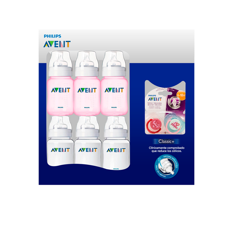 Pack Avent Classic+, 6 Biberones 9 Oz + Soother